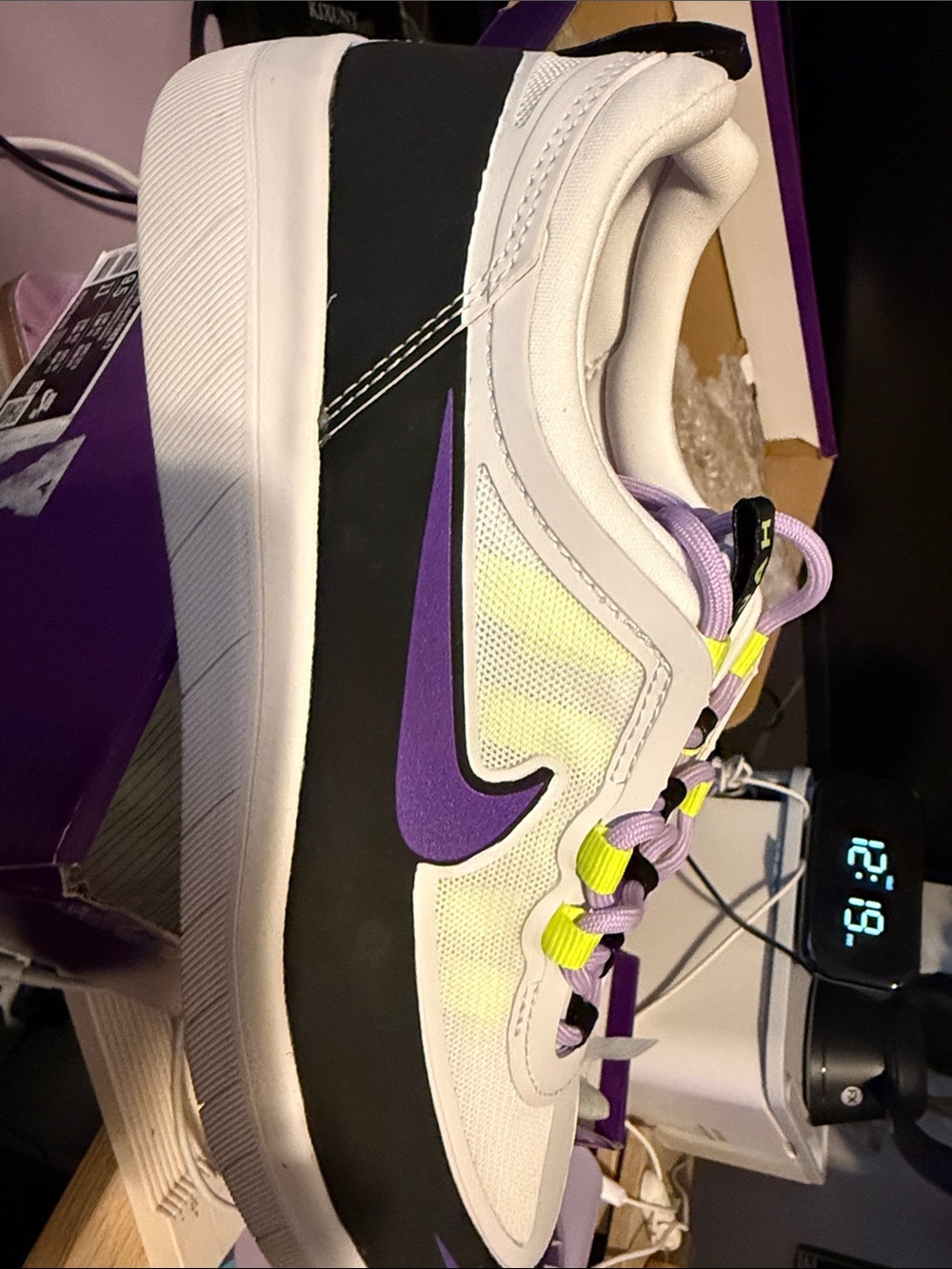 Nike White, Black & Purple Low-Top Sneakers with Neon Yellow Accents